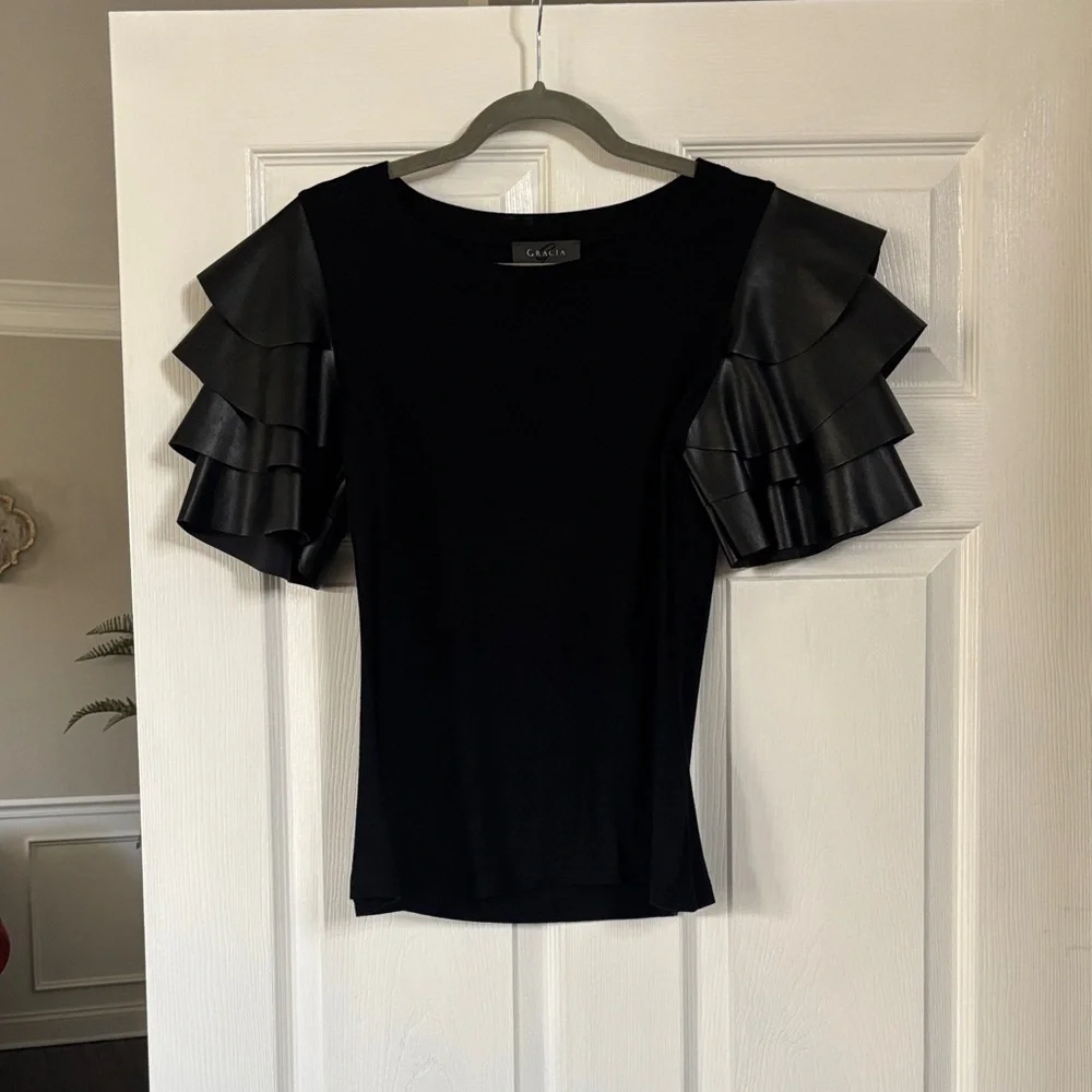 Gracia Black Blouse with Layered faux leather Sleeves - Picture 1 of 4